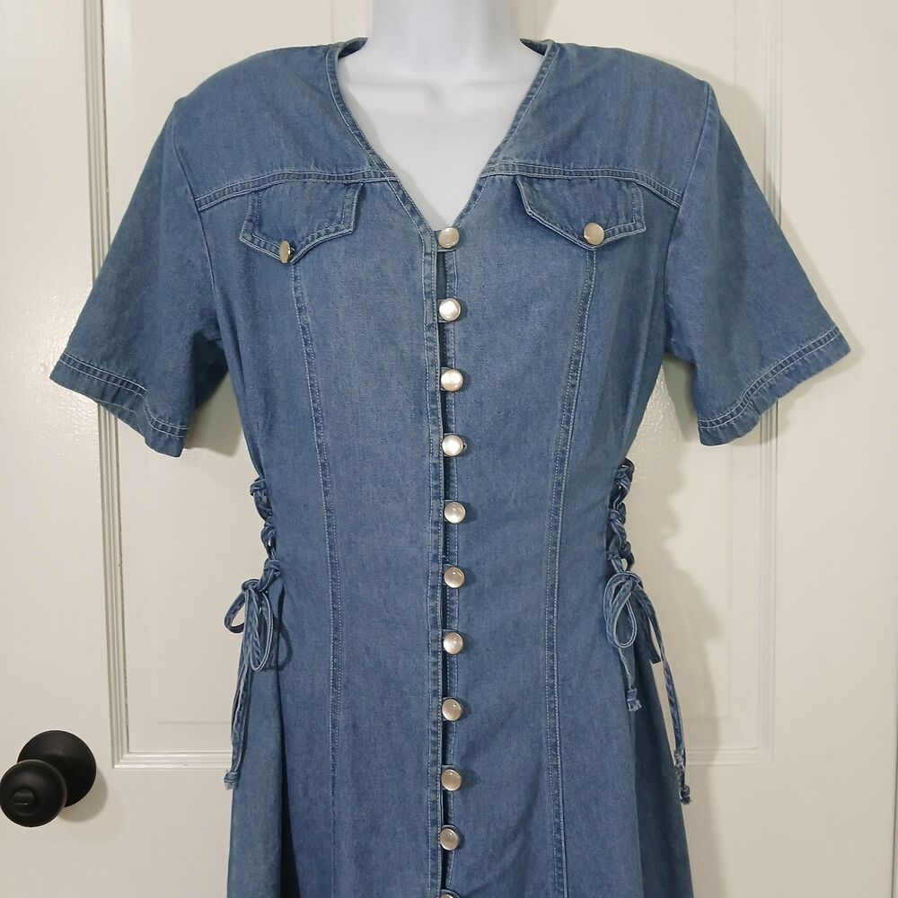 VTG DJ Int’l Denim Midi Dress Size 5/6 Lace Up Corset Sides Button Front 90s Y2K - Picture 4 of 16